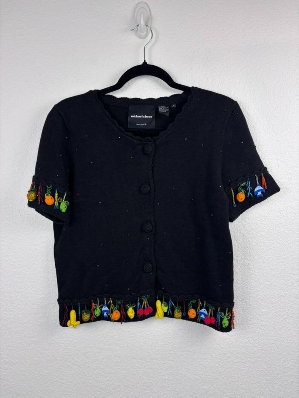 Vintage Michael Simon small black tropical fruit fish knit cardigan knit sweater